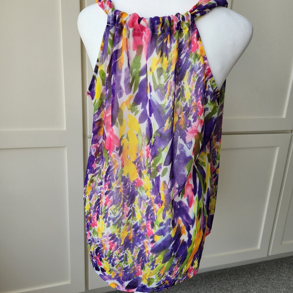 Cabi Pretty Summer Floral Sheer Blouse Faux Wrap Sleeveless Tank Top Small - Picture 3 of 16